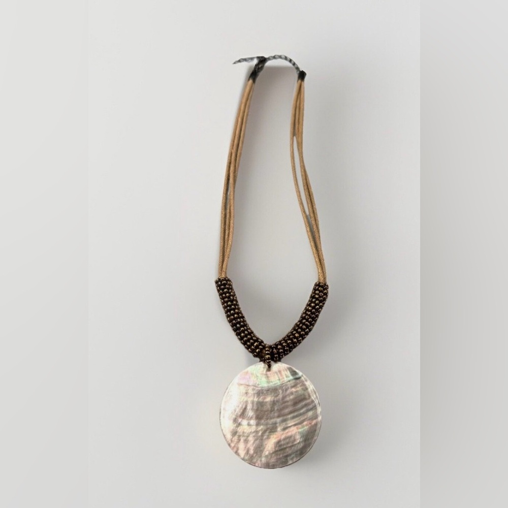 Lia Sophia Iridescent Abalone Pearl Shell Pendant Bronze Seed Bead Necklace